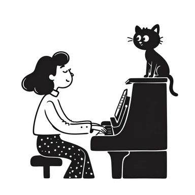 woman playing piano while her cat sits on top of the piano sticker