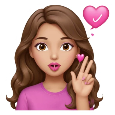 girl with long wavy brown hair, brown eyes, light to medium complexion, in a pink shirt, pink lips, long lashes, blowing a kiss sticker