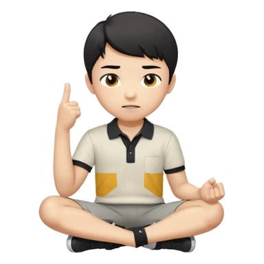 A cartoon young Asian boy with short black hair, light beige skin, and large expressive eyes, wearing a white polo shirt, gray pants, and black shoes. He sits cross-legged on the ground, one fist resting on his cheek, with a closed-mouth smirk. Clean lines, flat colors, solid black background. sticker