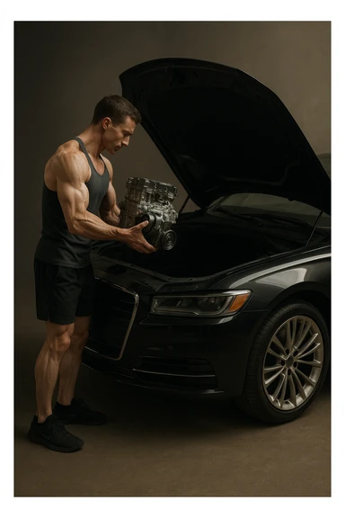a lean, slimmed-down bodybuilder in gym clothes stands beside a large, imposing car (like an SUV or luxury sedan) with the hood open. Con attenzione e un po’ di fatica, solleva e installa un piccolo motore nel grande vano motore dell’auto. Il contrasto tra la stazza dell’auto e la dimensione ridotta sia del motore che del bodybuilder è evidente. L’atmosfera è riflessiva e simbolica. sticker