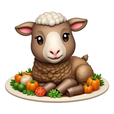 Cinematic Realistic Roast Lamb Dish Emoji, depicted with tender, succulent lamb roasted to perfection and served with seasonal vegetables, rendered with rich textures and inviting warm lighting that captures its traditional heritage. sticker