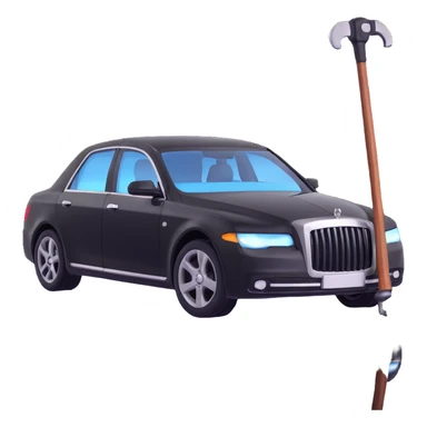 black luxury car with a visible dent, a hammer and a rod forming an X in the upper right part of the vehicle, reflection lamp illuminating the car, elegant and modern sticker