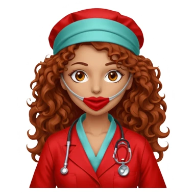 Sensual Spanish Lilith core evil surgeon.red outfit.  Surgeon has hazel eyes. Her hair is BROWN. Hair is also  long and  curly. wearing a sexy surgeon outfit with platform  heels.she is a calculated smart killer. She covers only her mouth and nose with silk scarf to hide identity  sticker