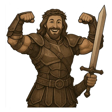 Transform the figure of Jesus into a warrior while keeping the muscular body and smile. Add detailed warrior armor, a sword, and a heroic pose. Maintain the original style and ensure the background is transparent. sticker