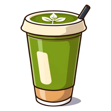 matcha latte with leaf detail, warm olive-brown tones, soft dreamy illustration sticker