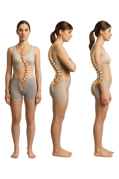 fai un immagine identica che riguarda 3 posture scorrette: scoliosi, ipercifosi e iperlordosi. falla iperrealistica anatomica in 4k con spina dorsale storta in evidenza su ogni figura sticker