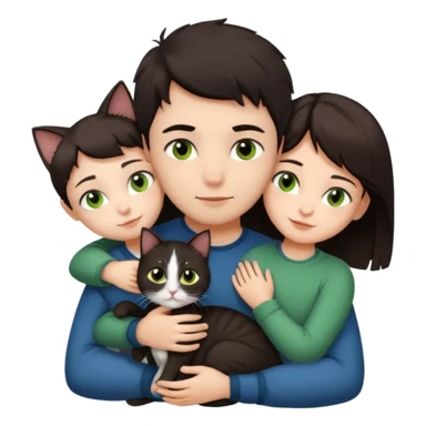 Crea un emoji donde salga un chico de pelo moreno con los ojos claros, una chica de pelo morena con los ojos marrones y UN gato europeo comun de pelaje oscuro y ojos verde claro, quiero que se esten abrazando el chico y la chica, y el gato este en el medio sticker