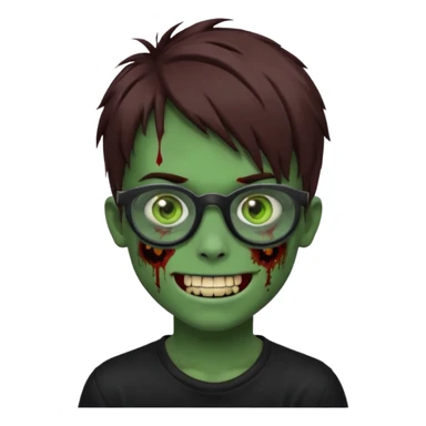 Zombie emo boy, green skin and brown hair, black glasses and a scary smile, scars and blood under eyes sticker