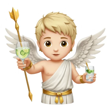 Cupid (with wings) with his arrow in his right hand, mixing a glass of Gin Tonic in his left hand sticker