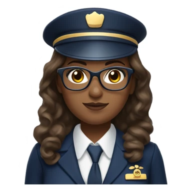 Emoji-style plus-sized flight attendant with wavy brown hair and golden eyeglasses, wearing a navy uniform, holding a heavy stack of caps. sticker
