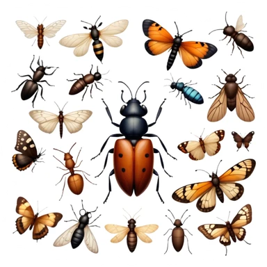 Close-up of various home insects, such as beetles, ants, and butterflies, showcasing their intricate details, wings, and body structures. Soft lighting accentuates their features. Transparent background. sticker