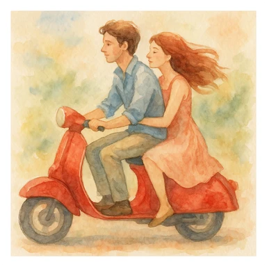 watercolour style illustration of a couple riding a scooter, soft colors, romantic atmosphere sticker