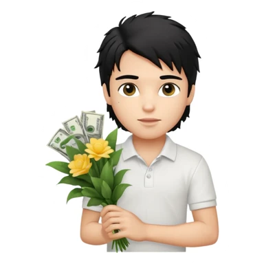 generate a pretty fair bratz boy with a messy mullet (black hair), wearing a white polo.  carrying a bouquet made of money. Fancy card behinf him sticker