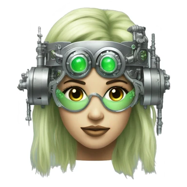Light green long hair female cyborg head with silver steampunk goggles as a headband, circuits sticker
