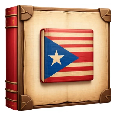 Elegant aged book with the Puerto Rican flag subtly embossed on the cover, carved wooden theater stage symbol, vintage textured cover with warm wood and parchment tones, slightly glowing, representing the eternal legacy of scenic design sticker