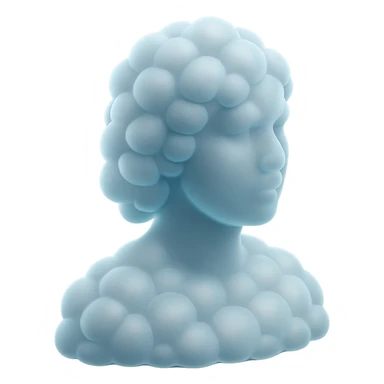 person looking straight, composed entirely of white fluffy convex clouds, shoulder length, matte glass style, no background sticker