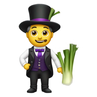 Make a Man holding a Leek wearing a tophat but the tophat has a purple band sticker