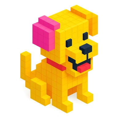 <SystemPrompt>
                <Style>
                  <Name>Voxel Emoji Art</Name>
                  <Description>A playful, isometric voxel style that mimics pixel art in 3D, commonly used for emojis, UI icons, and symbols. Rendered with bright, vibrant colors and no shadows.</Description>
                  <VisualRules>
                    <Geometry>
                      <BaseUnit>Cube</BaseUnit>
                      <GridAlignment>Isometric</GridAlignment>
                      <VoxelSize>Consistent</VoxelSize>
                    </Geometry>
                    <Color>
                      <Palette>Vivid and High Saturation</Palette>
                      <Gradient>Allowed on faces for subtle lighting</Gradient>
                    </Color>
                    <Lighting>
                      <Style>Soft studio lighting</Style>
                      <Shadows>Subtle ambient shadows</Shadows>
                    </Lighting>
                    <Detailing>
                      <Outline>None</Outline>
                      <Texture>Flat color (no texture noise)</Texture>
                      <Effects>None</Effects>
                    </Detailing>
                  </VisualRules>
                </Style>
                <Generation>
                  <PromptTemplate>
                    <![CDATA[
                      Render a voxel-style 3D illustration of a {subject}, using bright colors and blocky pixelated geometry. The object should appear playful and clean, similar to emoji aesthetics, with no shadows and no outlines. Lighting should enhance the 3D depth without harsh contrast.
                    ]]>
                  </PromptTemplate>
                </Generation>
              </SystemPrompt>
              {subject} = dog sticker