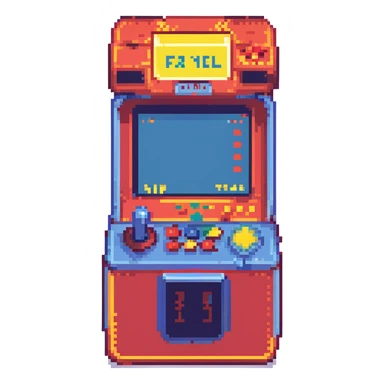 vintage arcade machine in neon-lit room, glowing pixelated fighting game on screen, vibrant red, blue, and yellow accents, classic joystick and buttons, reflective floor, dust particles, 80s nostalgia, cinematic lighting, cyber-retro mood sticker
