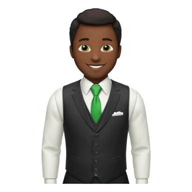 businessman, black skin, white suit vest, green tie sticker