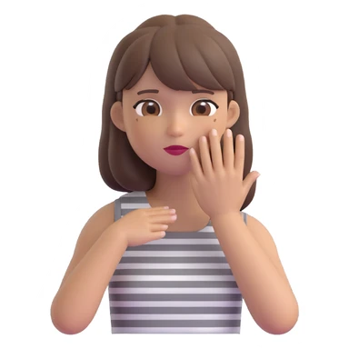 cartoon emoji of a stylish woman wearing a sleeveless grey-and-white striped dress, straight brown hair with bangs, one hand touching her face, neutral or confident expression, compact and simplified, colorful, smooth, minimal white or transparent background sticker