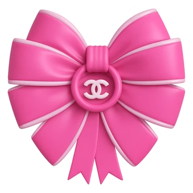 Make the Chanel logo small and white on the pink and white bow, keep it shiny, elegant, 3D emoji style, with no background. The style should resemble a 3D emoji with a shiny and elegant finish. sticker