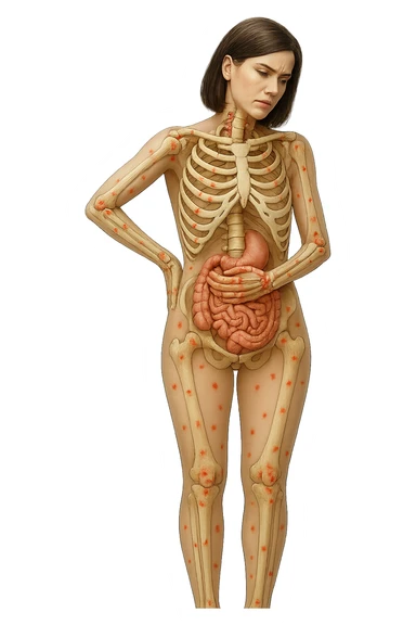 donna realistica a figura intera con red spot sparsi alle ossa, ossa del corpo visibili sul corpo, non sul volto iperrealistico 4k sticker