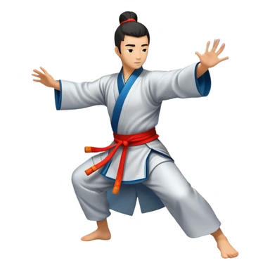 Emblem symbolizing Wushu martial arts. A graceful martial artist performs a dynamic kung fu pose, with flowing movements and a long, elegant robe. The background features stylized clouds and traditional Chinese symbols, representing fluidity, balance, and precision. Transparent background. sticker