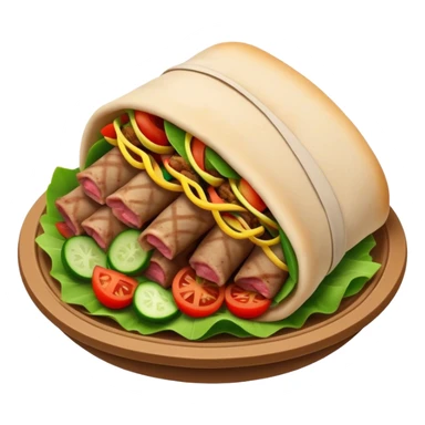 Cinematic Realistic Gyros Dish Emoji, showcasing succulent, spiced meat wrapped in pita with fresh vegetables rendered with lifelike detail and dynamic, appetizing lighting. sticker