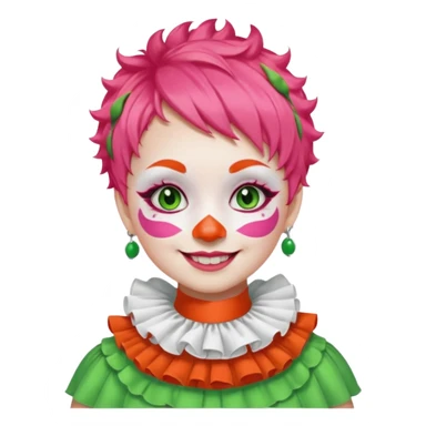 Bright green short hair.

White face paint with green eye makeup and a red nose.

Big wide smile.

Wearing a pink ruffled collar with an orange outfit. sticker