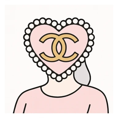 Chanel heart with interlocking C's, metallic gold, pearl border, elegant, flat pink gray style sticker
