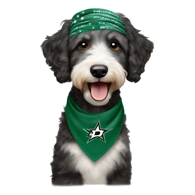 Aussiedoodle wearing a bandana with the NHL Dallas Stars hockey team logo sticker
