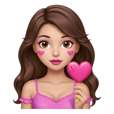 girl with long wavy brown hair, brown eyes, long lashes makeup, sexy pink lips, light to medium complexion, wearing a pink sexy top,, heart lillipop sticker