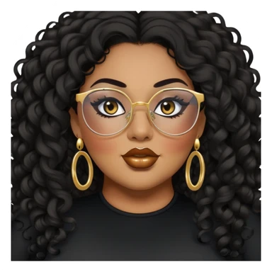 big plus size, darker tan skin, long black curly hair, baddie,pretty, makeup, lipliner, black eyeliner, long hair, gold earrings, black top, glasses sticker