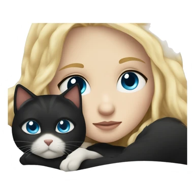 Blonde haired girl with blue eyes cuddled up in bed with black cat with gold eyes sticker