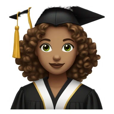 girl with green eyes and brown curly hair ,smiling, wearing a black midi dress,black heels and graduation hat and robe  sticker