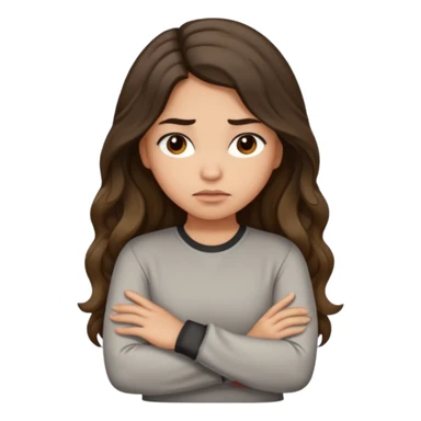 Hispanic light tan girl with long dark wavy hair with arms folded and pouting. Wearing a long sleeve. Hair with middle part. sticker