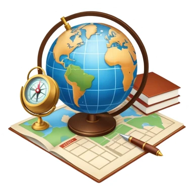 An icon featuring a hotel building, and a globe, symbolizing the scientific study of tourism and hospitality. The design includes a map, a compass, and a checklist, representing travel planning and service management. Transparent background highlights the academic exploration of the tourism industry sticker