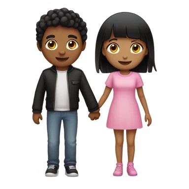 Emoji of a tan girl with black hair wearing pink and a fair skin boy with black hair wearing black holding hands sticker
