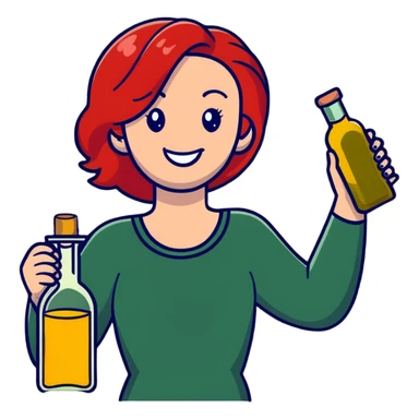 redhead woman with big smile holding olive oil bottle sticker