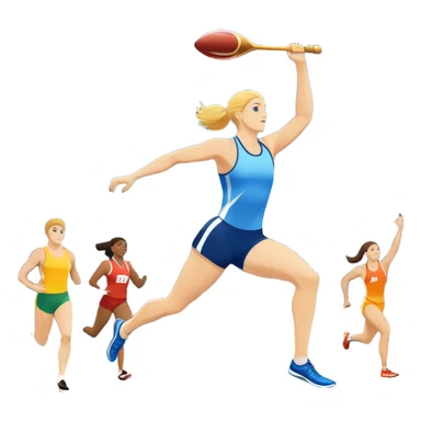 An icon featuring a collage of track and field equipment: a javelin, shot put, discus, high jump bar, and running shoes. The background shows a lively stadium with cheering fans, bright lights, and a clear sky, symbolizing the diversity of athletics. Transparent background emphasizes the sport. sticker