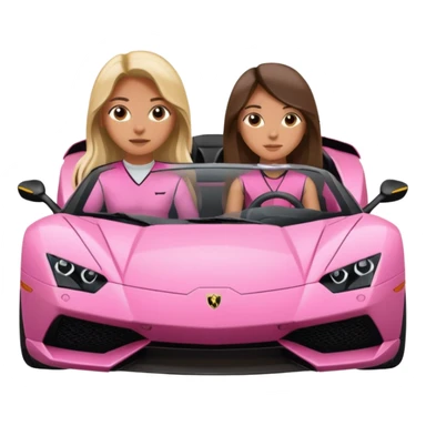 Make car far away so I can see full car Car facing forward in sports car. Make hair long  two girls in car far away Front of car sitting in the seats. Make it a pink sports car. They are two baddies make it a Lamborghini pink car  sticker