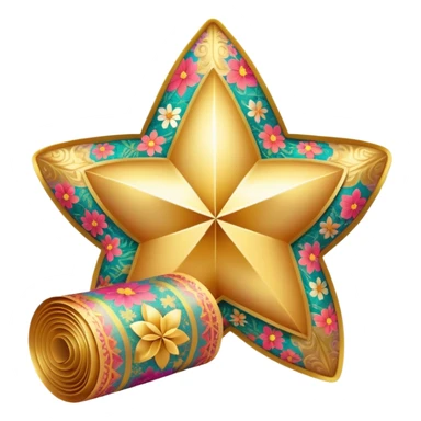 simple composition of a glowing sparkle or star shape in foreground with only a roll of patterned fabric behind it, no faces sticker