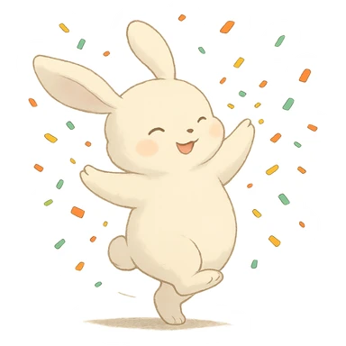 cotton bunny throwing confetti and spinning, full body, clean and polished, no imperfections, soft Ghibli style sticker