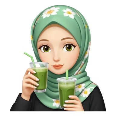 White girl wearing flower hijab drinking iced matcha sticker