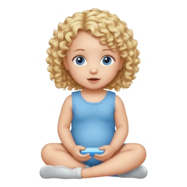 blonde curly hair blue eye baby girl sitting on the floor talking sticker