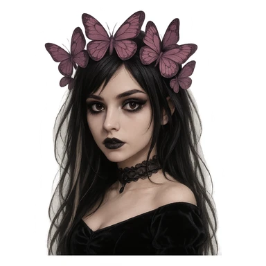 emo girl, mysterious and elegant, gothic style, dark hair with streaks, expressive eyes, butterfly crown in matte pink and purple sticker