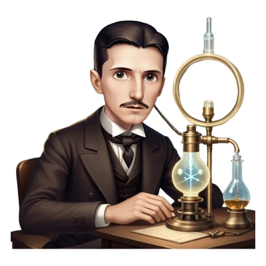 Nikola Tesla – Cinematic Realistic Portrait of Nikola Tesla, depicted as a visionary inventor with intense, thoughtful eyes and period attire, surrounded by subtle arcs of electric light and early laboratory apparatus, rendered with dramatic lighting that evokes mystery and innovation. sticker