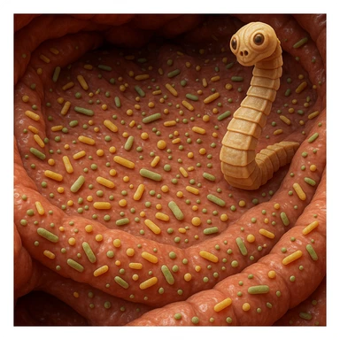 a medical illustration of a human realistic gut with bacteria and parasyte (tenia) realistic 4k real   sticker