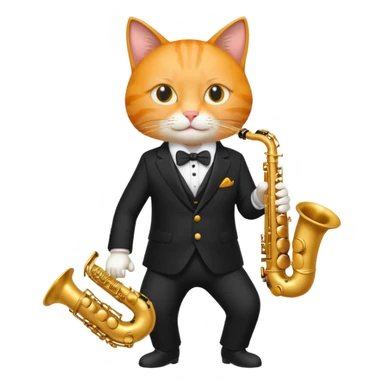orange cat play gold saxophone, wear black suit sticker